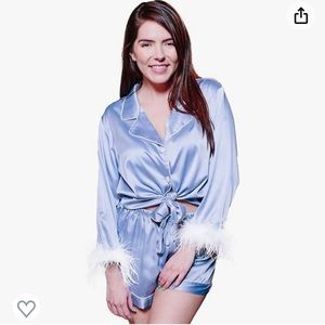 Feather Trim Satin Blue Pajamas